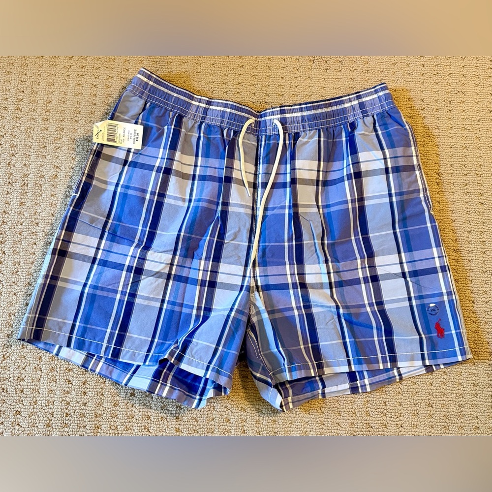 NWT Ralph Lauren Men's Blue Plaid Drawstring Swim Trunks, Sz XXL
